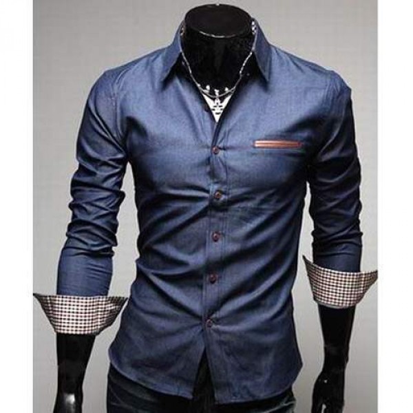 Chemise Homme Fashion Denim style design Slim fit classe Jean bleu fonce